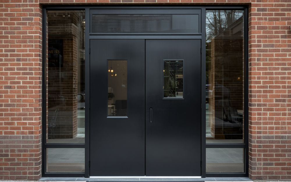 Steel front entry door installed on a commercial office or condo building by 1st Choice Home Solutions