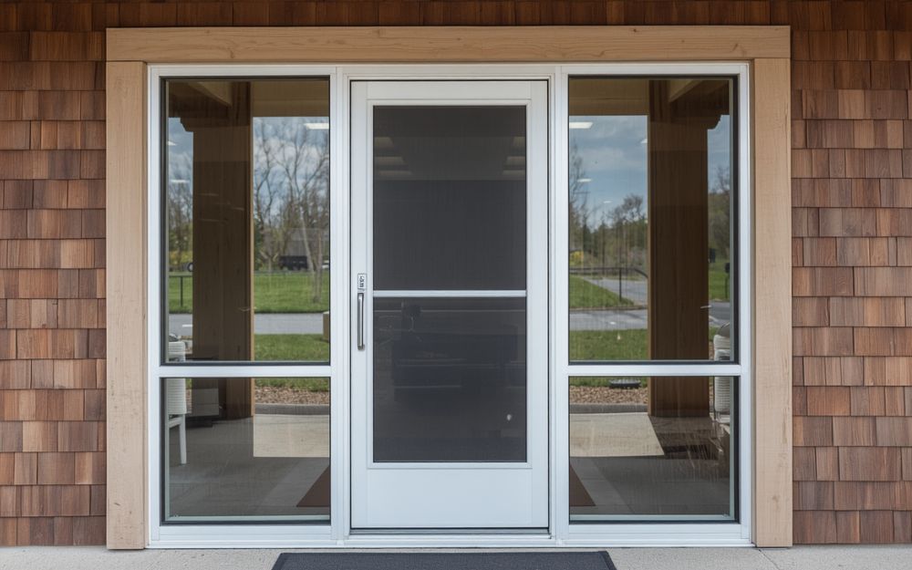 Commercial storm door installation protecting a multi-unit building entrance by 1st Choice Home Solutions